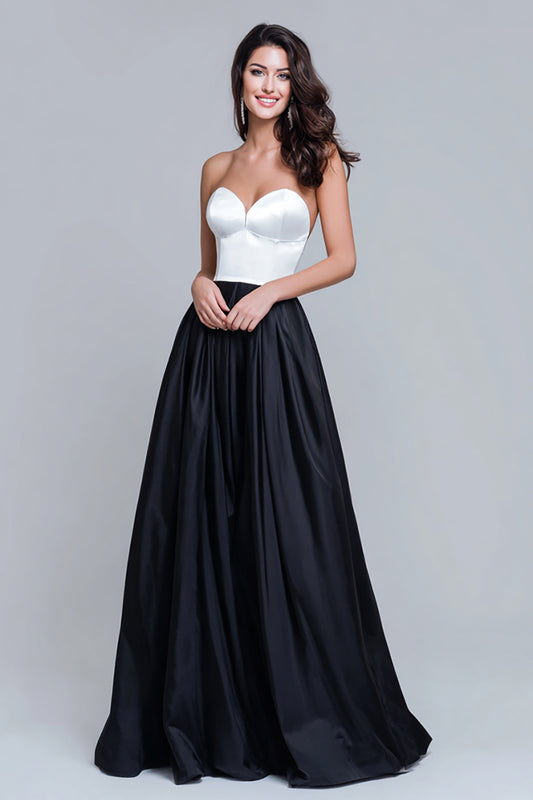 Black and White Satin Sweetheart Long Formal Dress