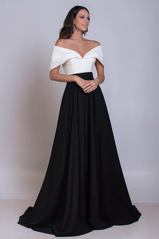 Black and White Off the Shoulder Long Satin Formal Dress