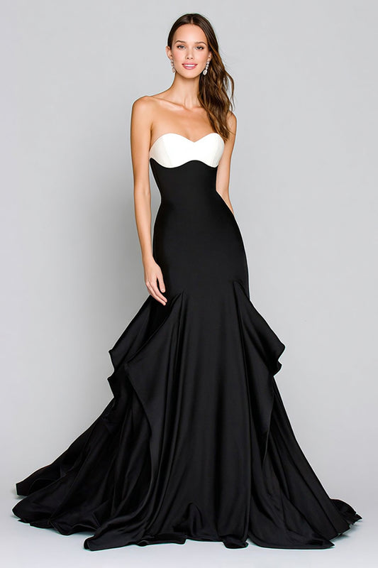 Black and White Sweetheart Mermaid Long Satin Formal Dress