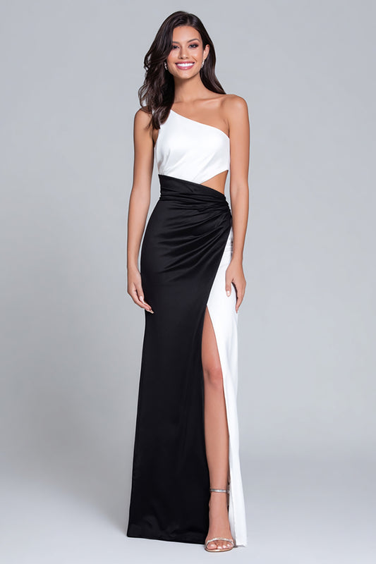 Black and White One Shoulder Long Satin Formal Dress with Slit