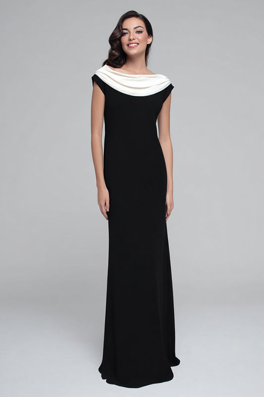 Black and White Boat Neck Sheath Long Satin Formal Dress