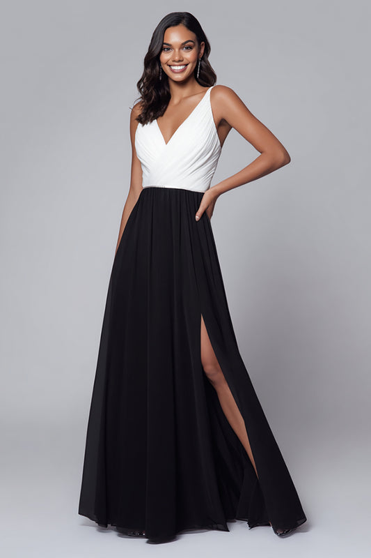 Black and White A Line V-Neck Ruched Long Formal Dress with Slit