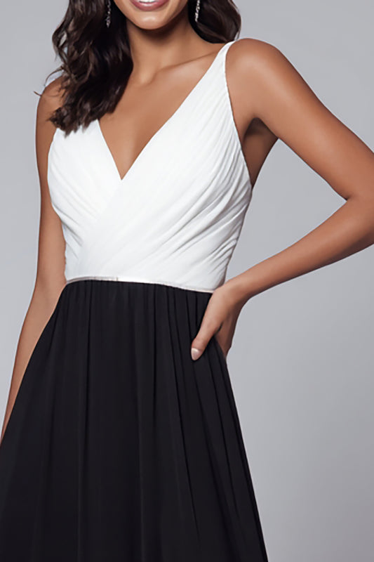 Black and White A Line V-Neck Ruched Long Formal Dress with Slit