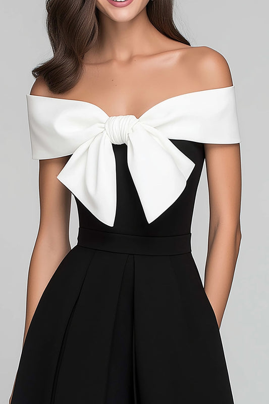 Black and White A Line Off the Shoulder Long Formal Dress with Bow