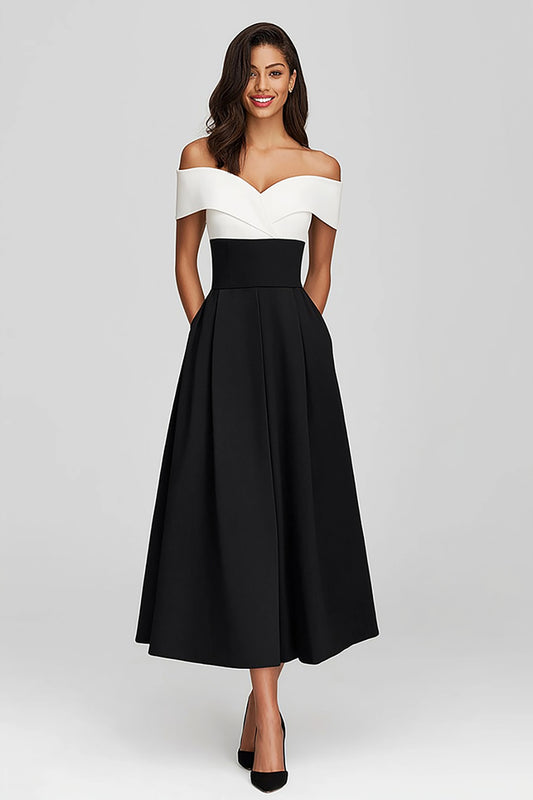Black and White Off the Shoulder A-Line Tea Length Formal Dress