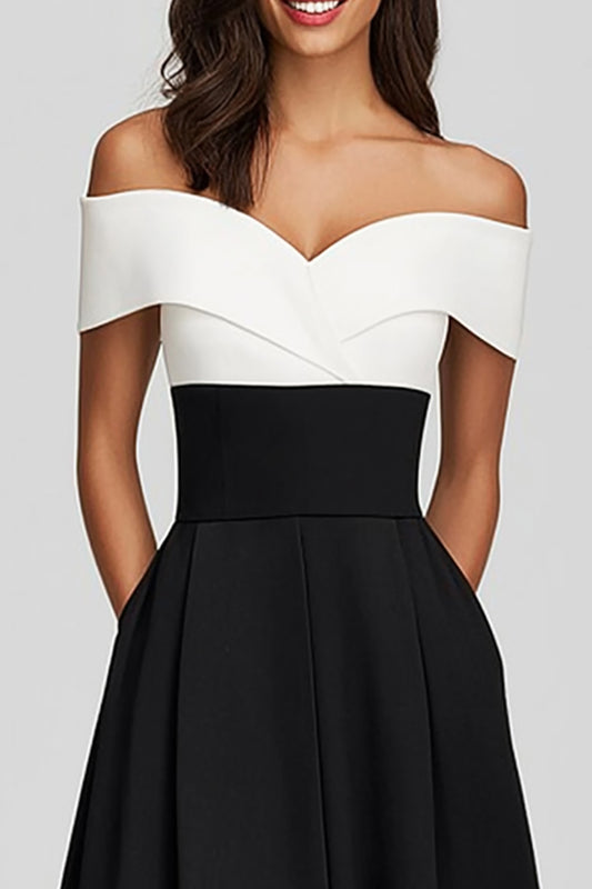 Black and White Off the Shoulder A-Line Tea Length Formal Dress