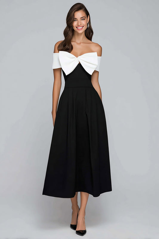 Black and White Off the Shoulder A-Line Tea Length Formal Dress with Bow