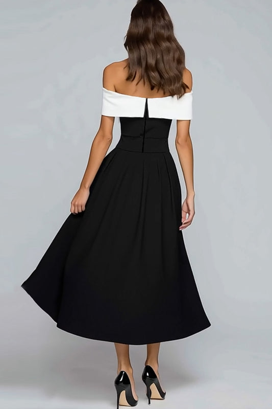 Black and White Off the Shoulder A-Line Tea Length Formal Dress with Bow