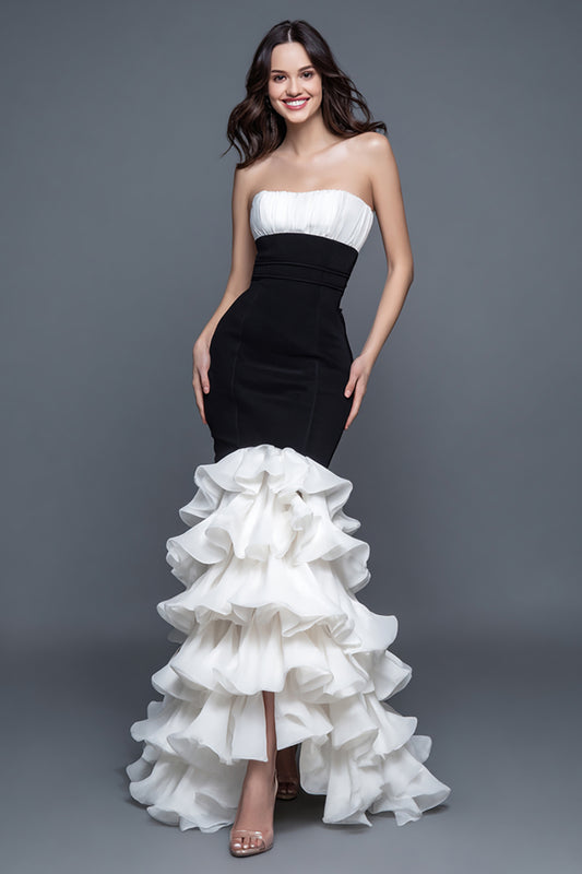Black and White Sweetheart Mermaid Ruffled Long Formal Dress
