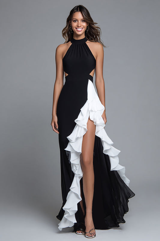 Black and White Halter Cut-Out Long Formal Dress with Ruffles