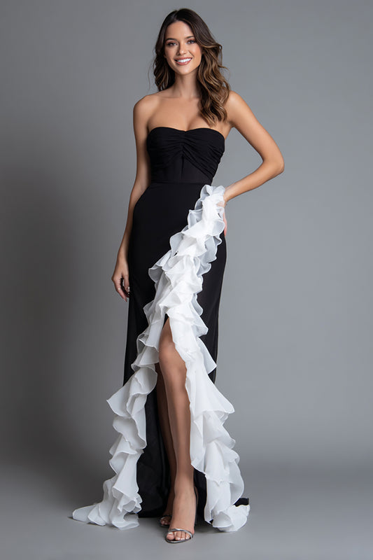 Black and White Sweetheart Ruched Mermaid Long Formal Dress with Ruffles