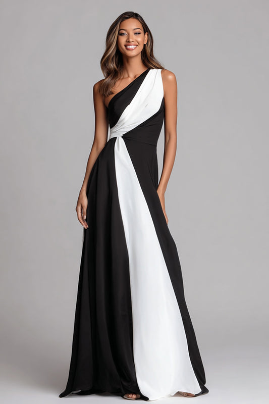 Black and White One Shoulder Ruched Sheath Long Formal Dress