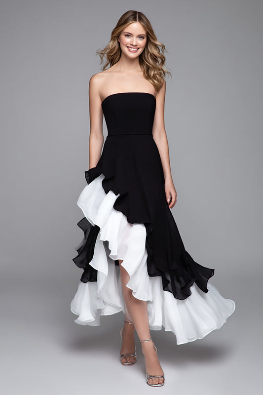 Black and White Strapless A-Line Ruffled Long Formal Dress with Slit