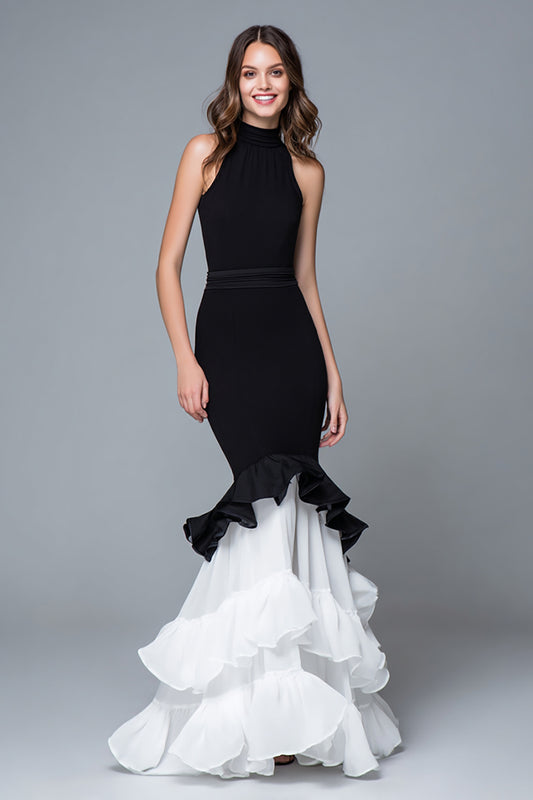 Black and White Mermaid High Neck Ruffled Long Formal Dress