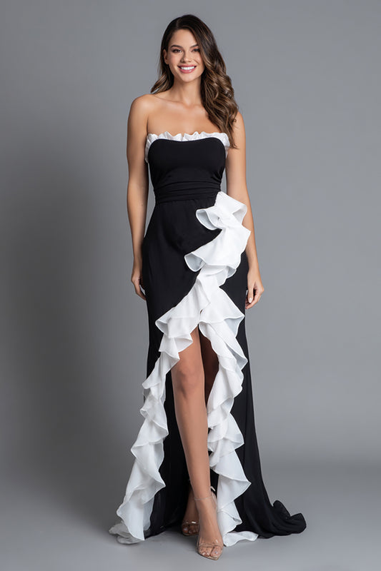 Black and White Mermaid Strapless Ruffled Long Formal Dress with Slit