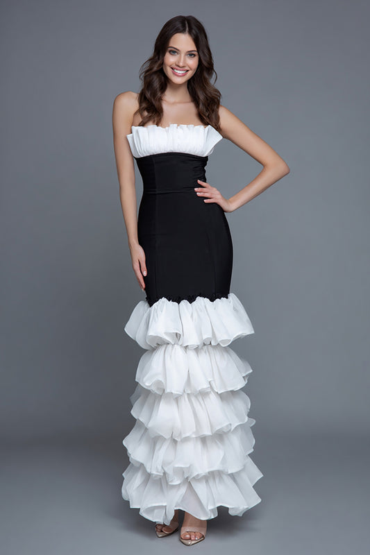 Black and White Strapless Mermaid Ruffled Long Formal Dress