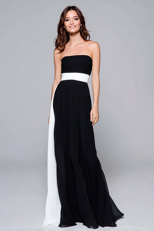 Black and White Strapless Sheath Ruched Long Formal Dress