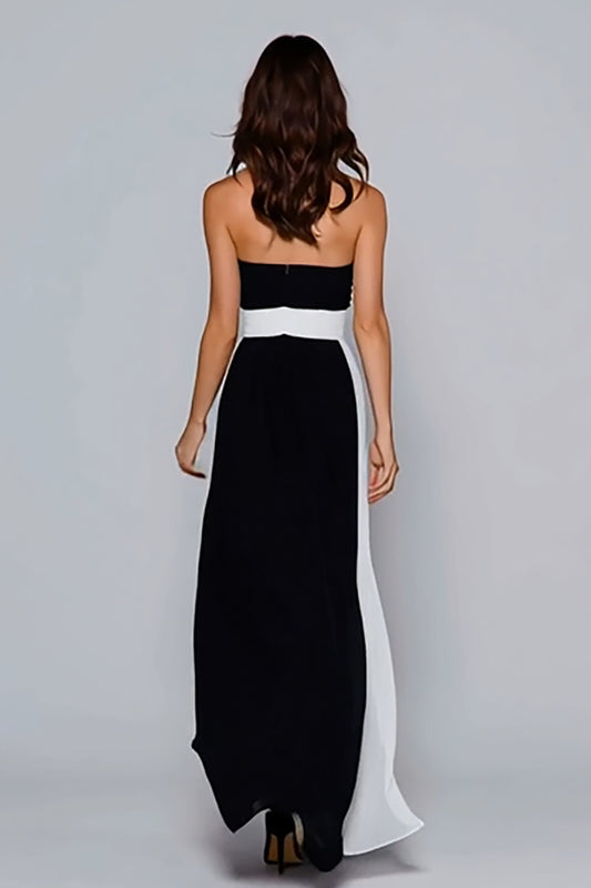 Black and White Strapless Sheath Ruched Long Formal Dress