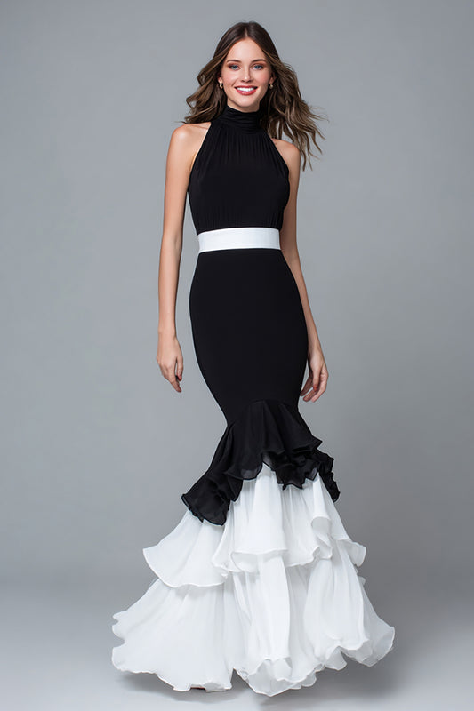 Black and White High Neck Mermaid Ruffled Long Formal Dress