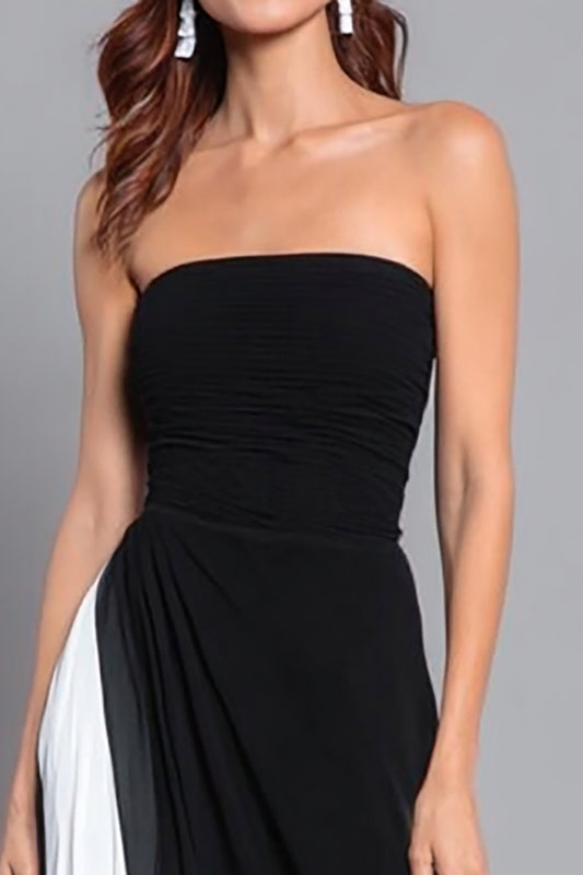 Black and White Sheath Strapless Ruched Long Formal Dress