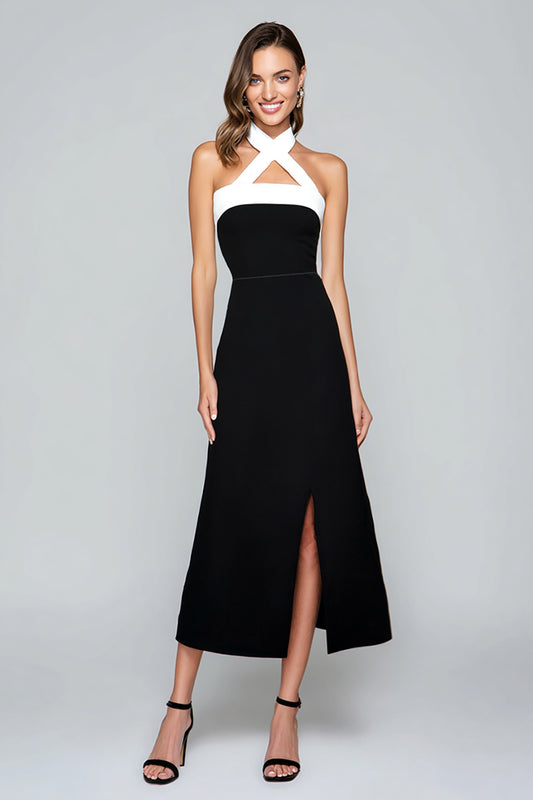 Black and White Sheath Halter Tea Length Formal Dress with Slit