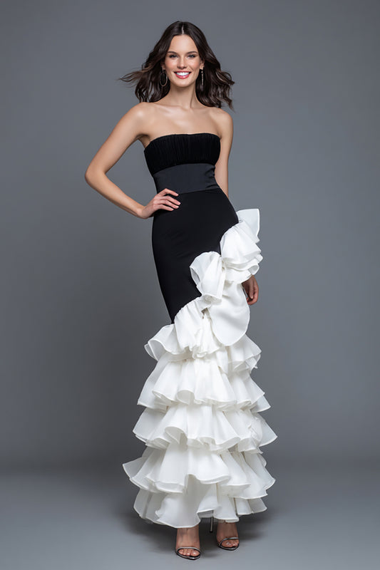Black and White Mermaid Strapless Ruffled Formal Dress