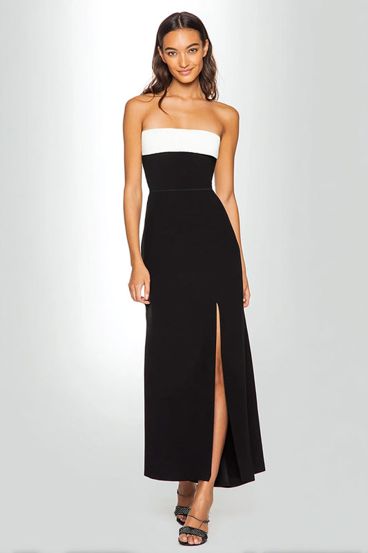 Black and White Strapless Sheath Ankle Length Formal Dress with Slit