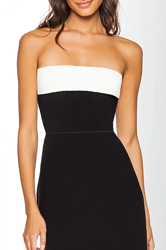 Black and White Strapless Sheath Ankle Length Formal Dress with Slit