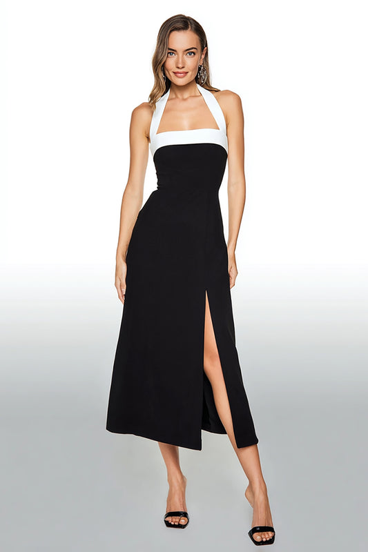 Black and White Sheath Halter Tea Length Formal Dress with Slit
