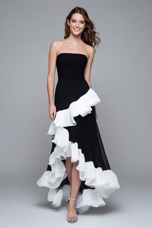Black and White Sheath Ruffled Strapless Long Formal Dress