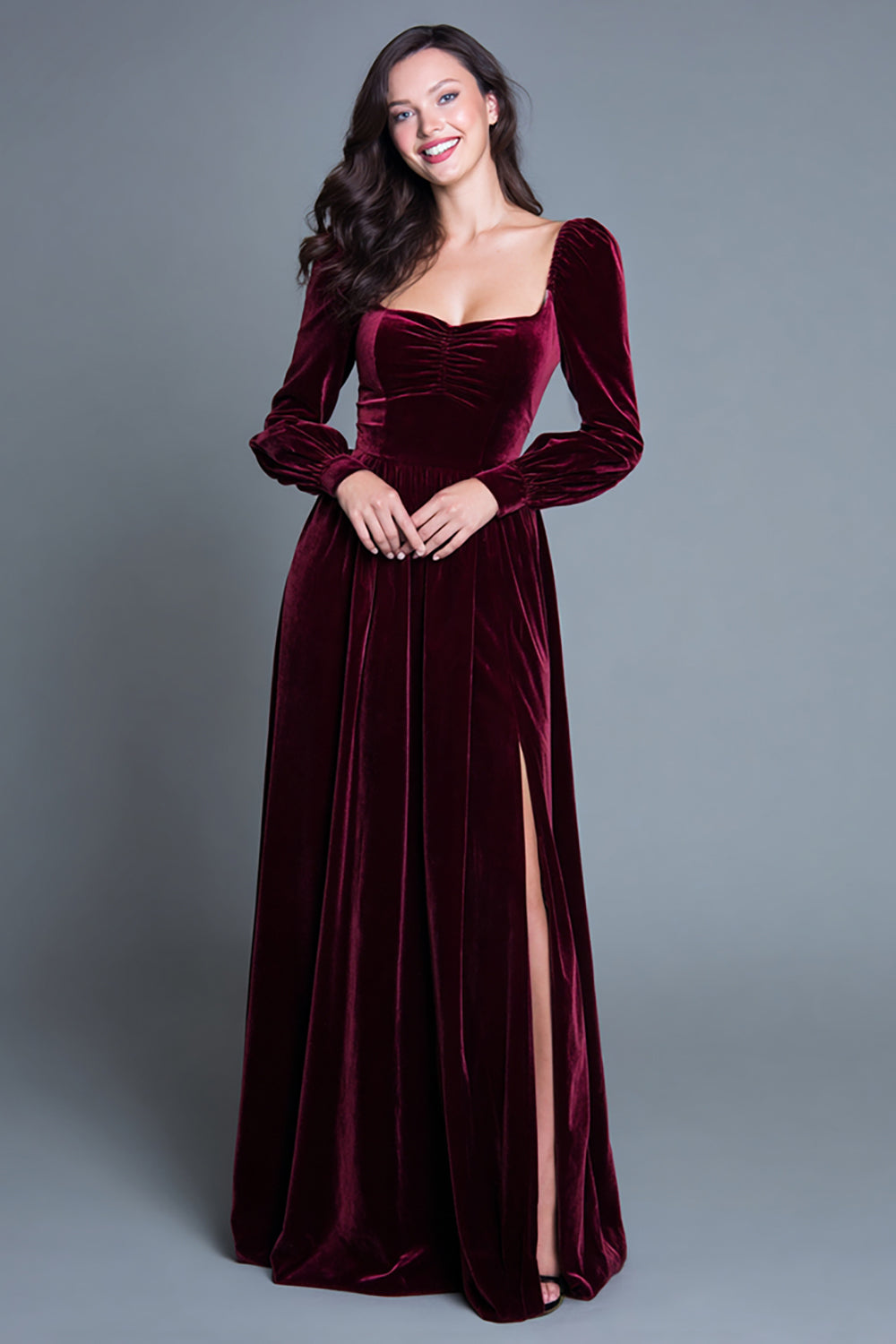 Zapaka Women Burgundy A-Line Velvet Long Formal Dress with Slit Long Sleeves Square Neck Evening Dress, Burgundy / US10