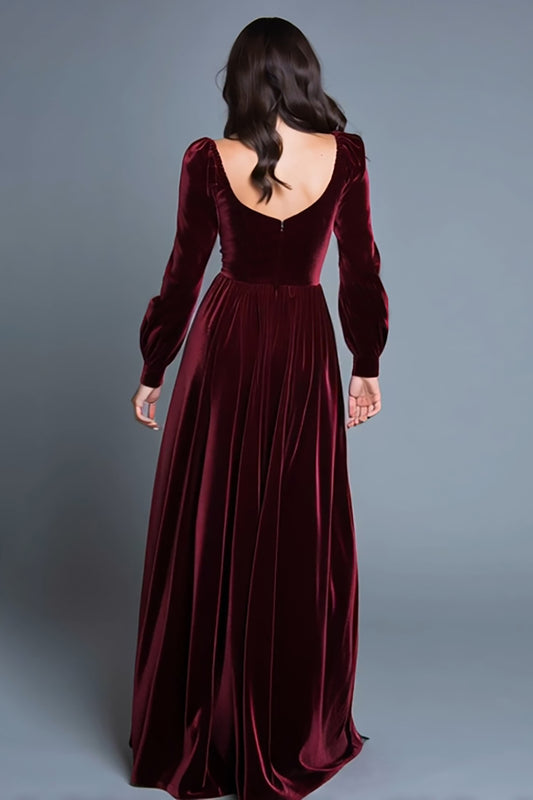 Burgundy Long Sleeves A-Line Velvet Long Holiday Party Dress with Slit