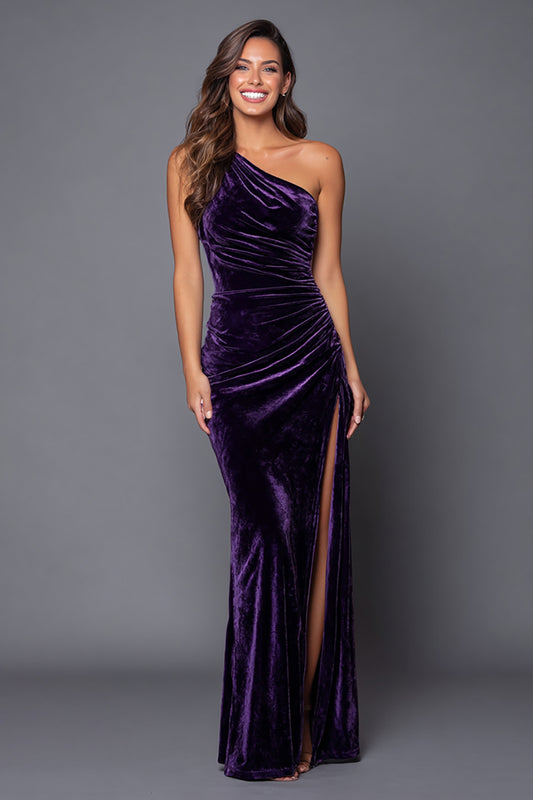 Plum One Shoulder Mermaid Velvet Long Holiday Party Dress with Slit