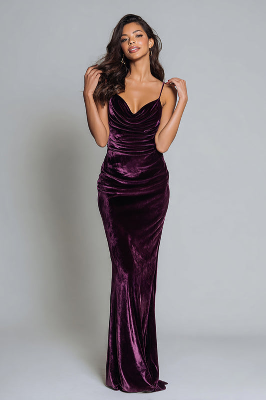 Plum Spaghetti Straps Mermaid Velvet Long Holiday Party Dress