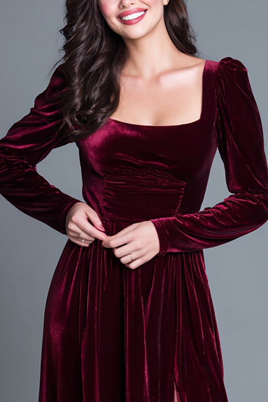 Burgundy A-Line Long Sleeves Velvet Long Holiday Party Dress with Slit