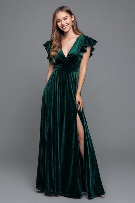 Dark Green V-Neck A-Line Velvet Long Holiday Party Dress with Slit
