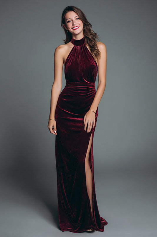 Burgundy Halter Mermaid Velvet Ruched Long Holiday Party Dress with Slit