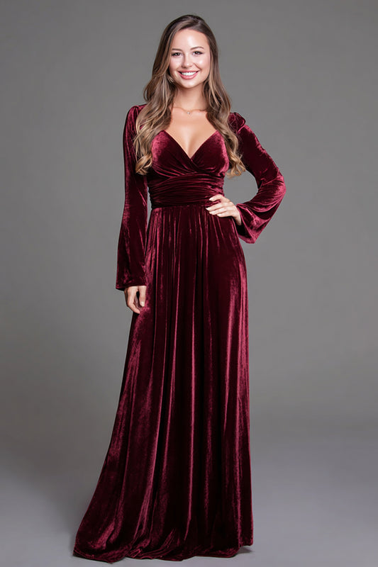 Burgundy Velvet A-Line V-Neck Long Holiday Party Dress with Sleeves