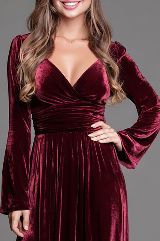 Burgundy Velvet A-Line V-Neck Long Holiday Party Dress with Sleeves