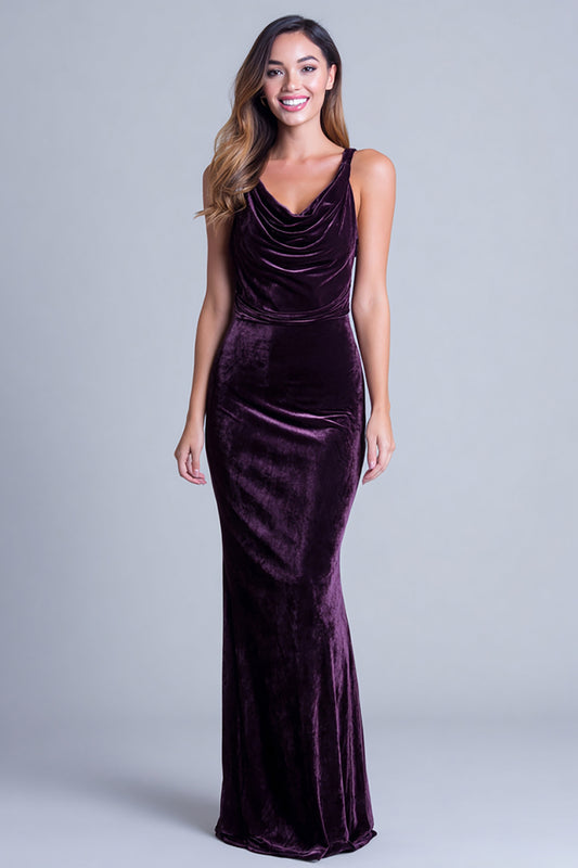 Plum Cowl Neck Mermaid Velvet Long Holiday Party Dress