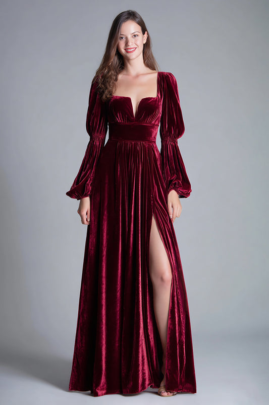 Burgundy Velvet A-Line Puff Sleeves Long Holiday Party Dress with Slit