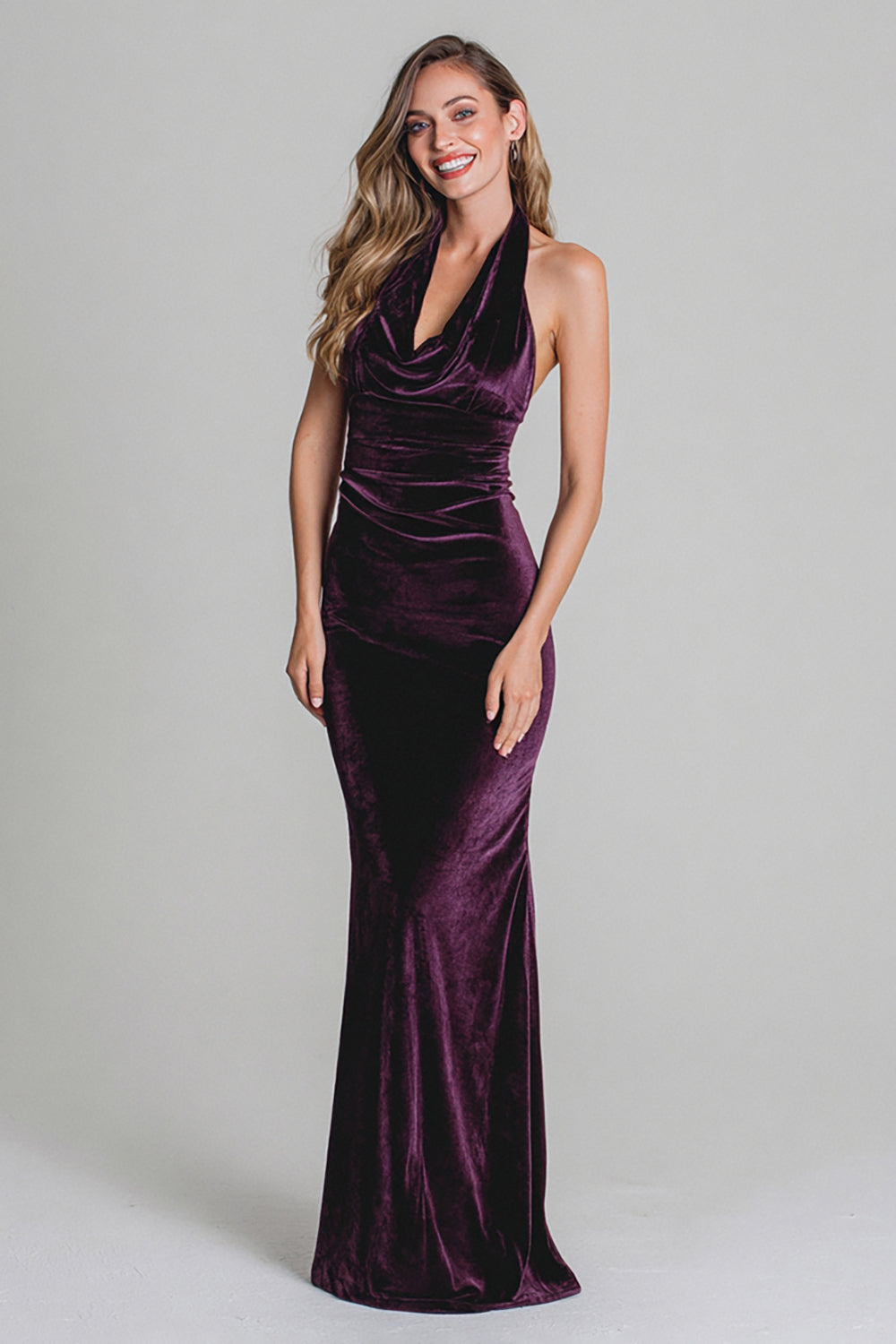 Zapakasa Women Plum Velvet Ruched Long Holiday Party Dress Halter Mermaid Formal Dress Zapakasa Women Plum Velvet Ruched Long Holiday Party Dress Halter Mermaid Formal Dress