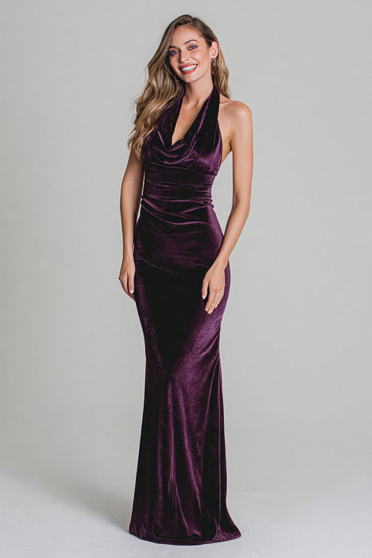 Plum Halter Mermaid Velvet Ruched Long Holiday Party Dress