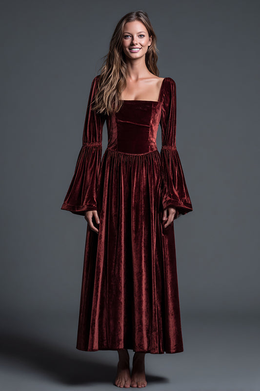 Burgundy Velvet A-Line Long Sleeves Ankle Length Holiday Party Dress