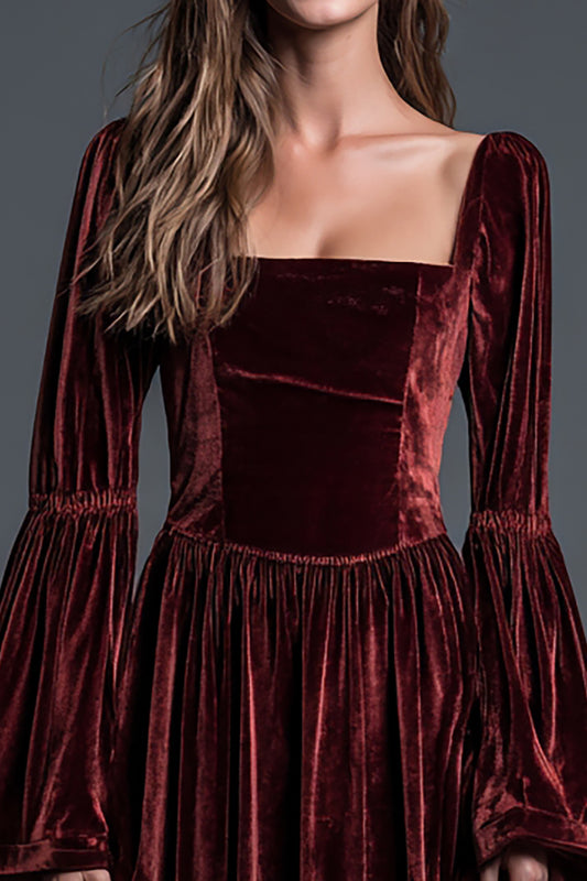 Burgundy Velvet A-Line Long Sleeves Ankle Length Holiday Party Dress