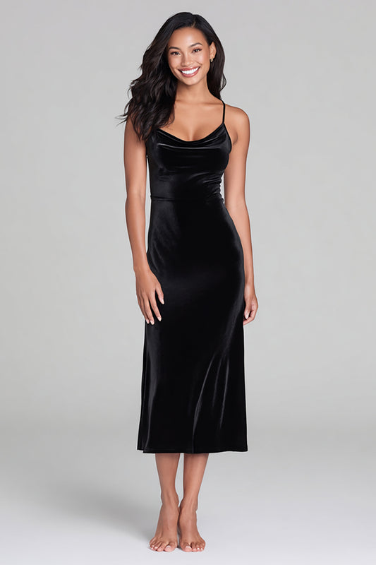 Black Spaghetti Straps Velvet Sheath Tea Length Holiday Party Dress