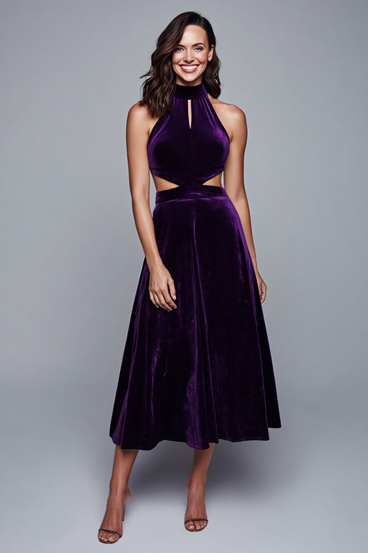Plum Halter Velvet Cut-Out A-Line Tea Length Holiday Party Dress