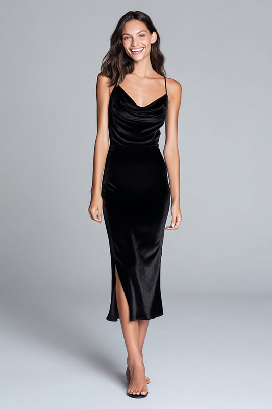 Black Spaghetti Straps Velvet Tea Length Holiday Party Dress with Slit