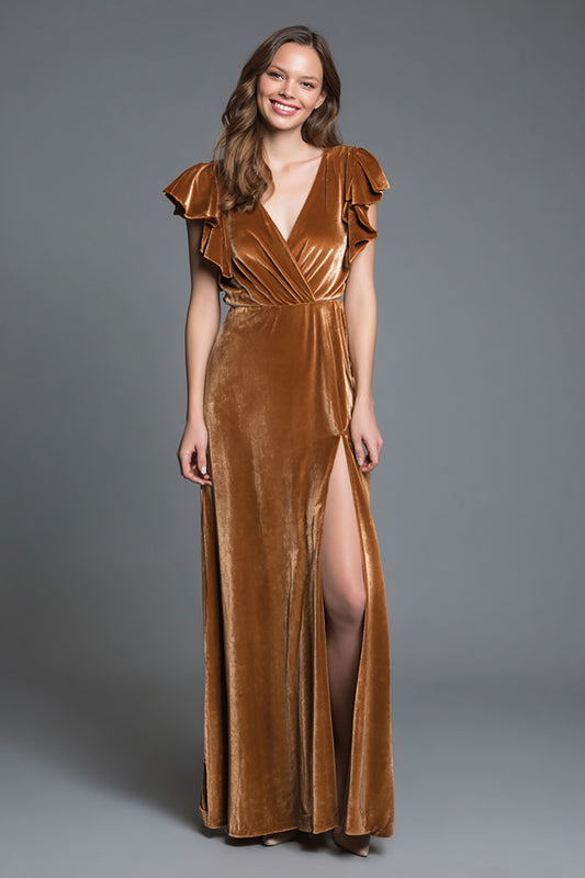 Brown V-Neck Sheath Velvet Long Holiday Party Dress with Slit