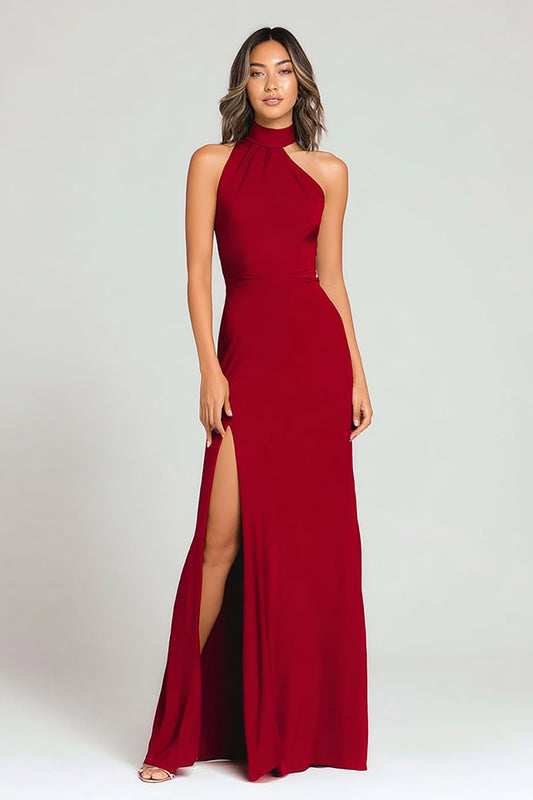 Burgundy Halter Sheath Long Formal Dress with Slit
